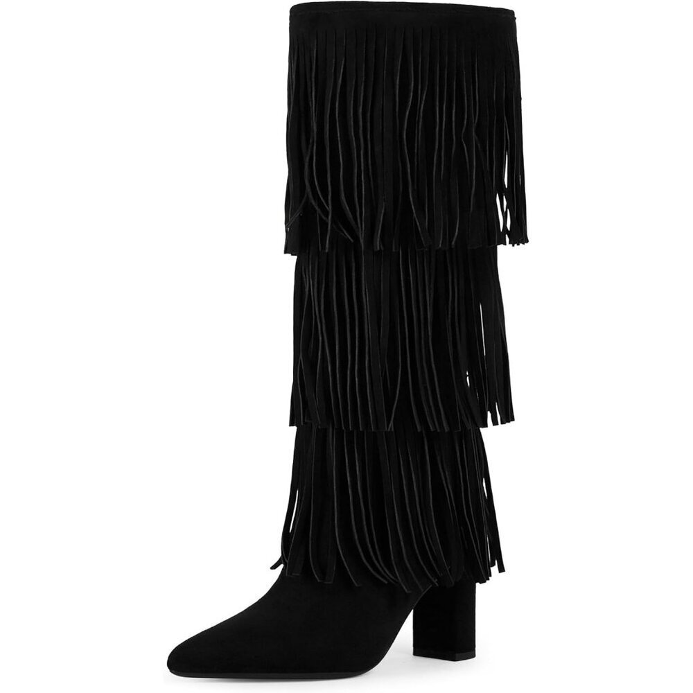 Women's Black Fringe Modatope Knee High Fold Over Chunky Heels Zipper Tall Boots
